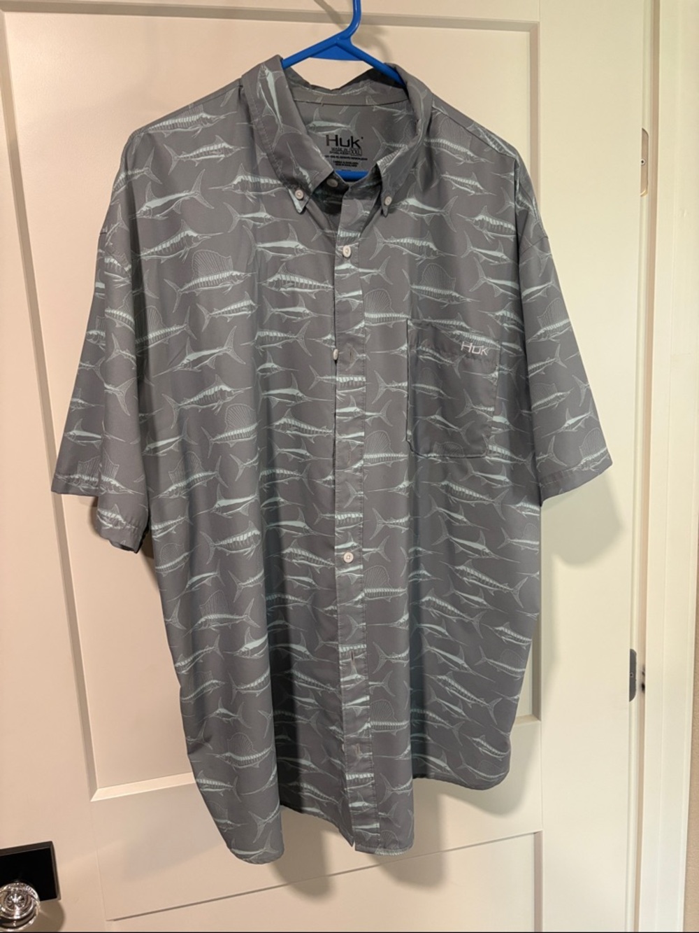 Huk Gray Short Sleeve Button-Down with Marlin Print